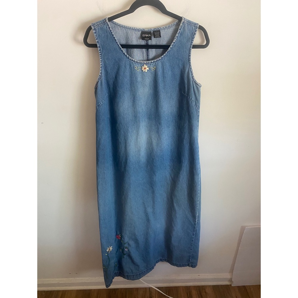 Erika Vintage Denim Floral Embroidered Midi Shift Dress Womens Large Light Wash